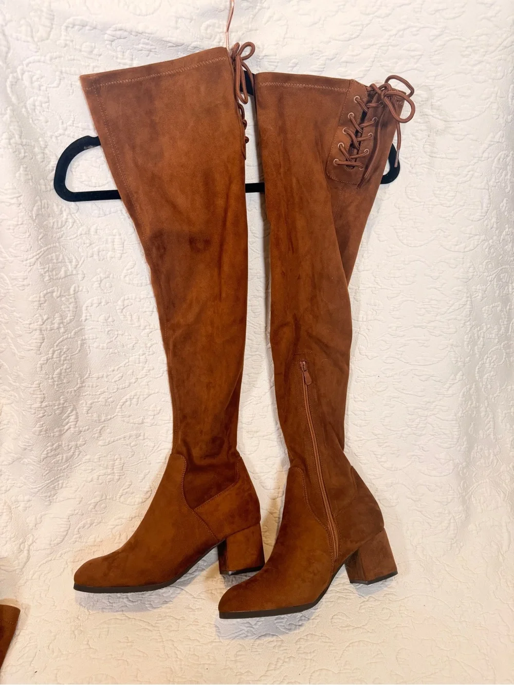 Dream Pairs Chestnut Brown Suede Over-the-Knee Block + Matching Skirt Heel Boots